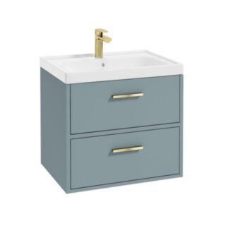 Finland 600mm 2 Drawer Wall Hung Vanity Unit Matt Coral Green Brushed Gold Handle