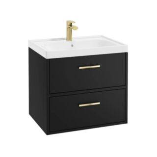 Finland 600mm 2 Drawer Wall Hung Vanity Unit Matt Black Brushed Gold Handle