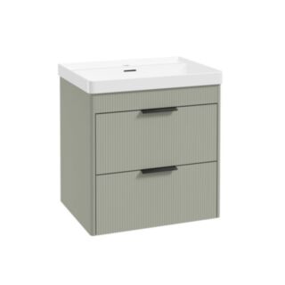 Reed 600mm Wall Hung 2 Drawer Vanity Unit Lakeside Sage & Basin- Matt Black Handles