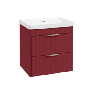 Reed 600mm Wall Hung 2 Drawer Vanity Unit Ruby Fern & Basin - Brushed Gold Handles