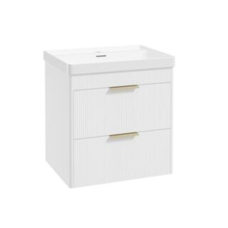 Reed 600mm Wall Hung 2 Drawer Vanity Unit Lakeshore Lily & Basin - Brushed Gold Handles