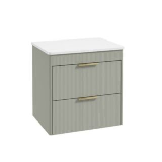Reed 600mm Wall Hung 2 Drawer Countertop Vanity Unit Lakeside Sage- Brushed Gold Handles