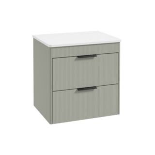 Reed 600mm Wall Hung 2 Drawer Countertop Vanity Unit Lakeside Sage- Matt Black Handles