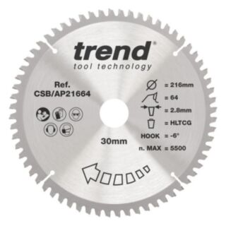 Trend Aluminium/Plastic Circular Saw Blade 216mm x 30mm x 64T