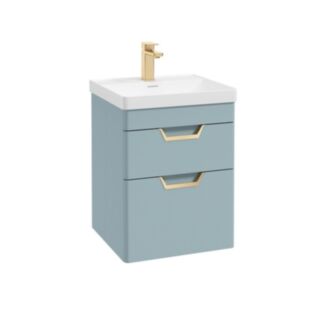 Freya 500mm 2 Drawer Wall Hung Vanity Unit Matt Morning Sky Blue Brushed Gold Handle