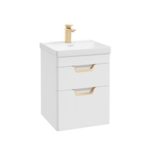 Freya 500mm 2 Drawer Wall Hung Vanity Unit Matt White Brushed Gold Handle