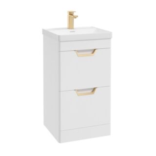 Freya 500mm 2 Drawer Floorstanding Vanity Unit Matt White Brushed Gold Handle