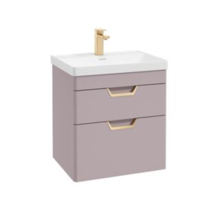 Freya 600mm 2 Drawer Wall Hung Vanity Unit Matt Cashmere Pink Brushed Gold Handles