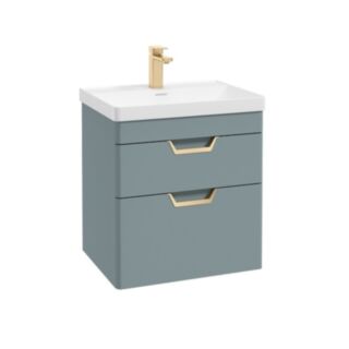 Freya 600mm 2 Drawer Wall Hung Vanity Unit Matt Coral Green Brushed Gold Handles