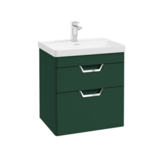 Freya 600mm 2 Drawer Wall Hung Vanity Unit Matt Wreath Green Brushed Chrome Handles