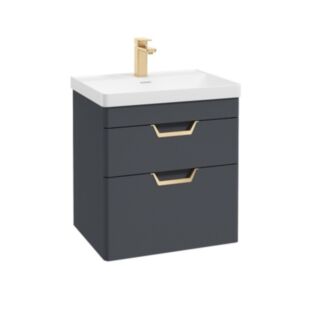 Freya 600mm 2 Drawer Wall Hung Vanity Unit Matt Night Sky Blue Brushed Gold Handles