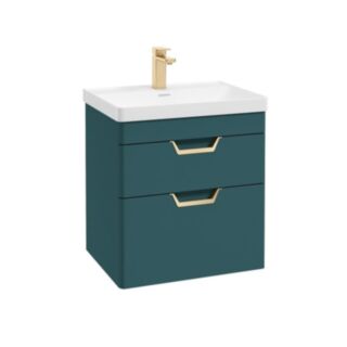 Freya 600mm 2 Drawer Wall Hung Vanity Unit Matt Ocean Blue Brushed Gold Handles