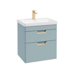 Freya 600mm 2 Drawer Wall Hung Vanity Unit Matt Morning Sky Blue Brushed Gold Handles