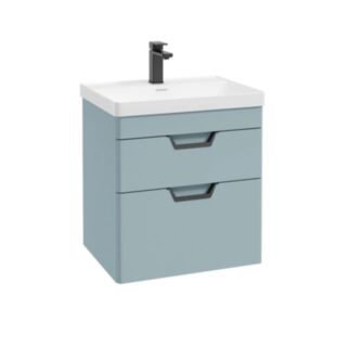 Freya 600mm 2 Drawer Wall Hung Vanity Unit Matt Morning Sky Blue Matt Black Handles