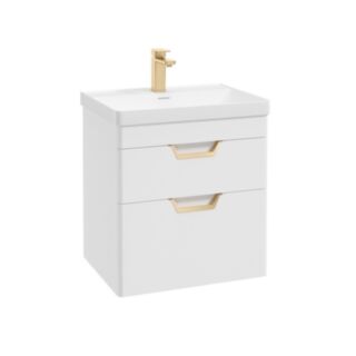 Freya 600mm 2 Drawer Wall Hung Vanity Unit Matt White Brushed Gold Handles