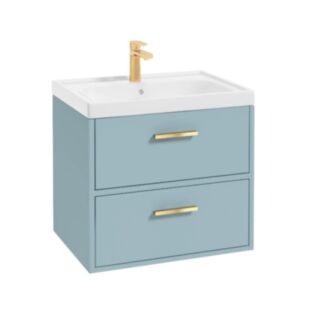 Finland 600mm 2 Drawer Wall Hung Vanity Unit Matt Morning Sky Blue Brushed Gold Handle