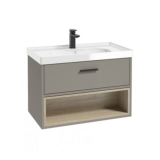 Malmo 800mm Open Shelf Unit Khaki Black Handle Gloss Basin
