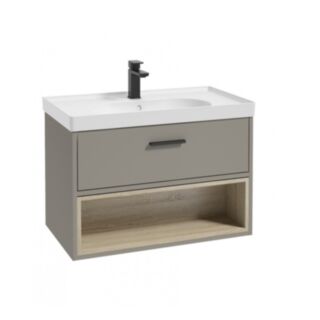 Malmo 800mm Open Shelf Unit Khaki Black Handle Matt Basin