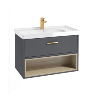 Malmo 800mm Open Shelf Unit Midnight Grey Brushed Gold Handle Gloss Basin