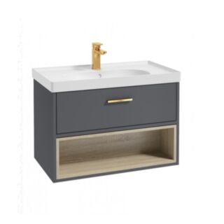 Malmo 800mm Open Shelf Unit Midnight Grey Brushed Gold Handle Matt Basin