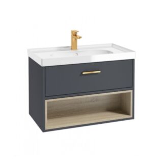 Malmo 800mm Open Shelf Unit Matt Night Sky Blue Brushed Gold Handle Gloss Basin