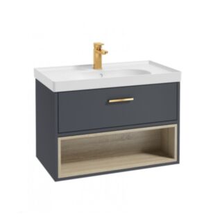 Malmo 800mm Open Shelf Unit Matt Night Sky Blue Brushed Gold Handle Matt Basin