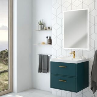 Finland 600mm 2 Drawer Wall Hung Vanity Unit Matt Ocean Blue Brushed Gold Handle