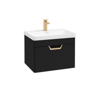 Freya 600mm 1 Drawer Wall Hung Vanity Unit Black Brushed Gold Handle