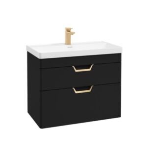 Freya 800mm 2 Drawer Wall Hung Vanity Unit Matt Black Brushed Gold Handles