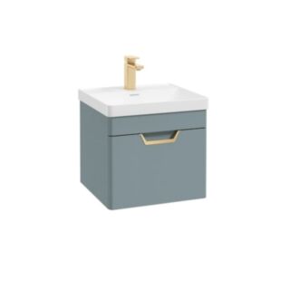 Freya 500mm 1 Drawer Wall Hung Unit Matt Coral Green Brushed Gold Handle