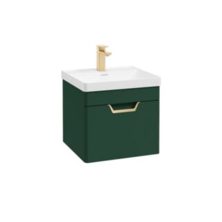 Freya 500mm 1 Drawer Wall Hung Unit Matt Wreath Green Brushed Gold Handle