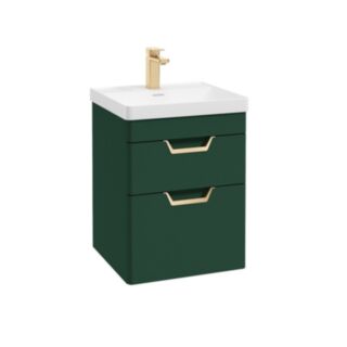 Freya 500mm 2 Drawer Wall Hung Vanity Unit Matt Wreath Green Brushed Gold Handle