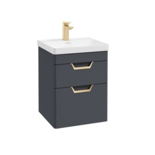 Freya 500mm 2 Drawer Wall Hung Vanity Unit Matt Night Sky Blue Brushed Gold Handle