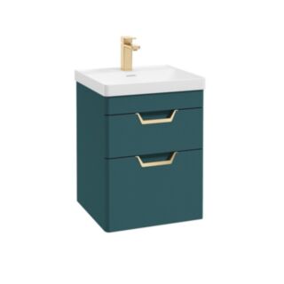 Freya 500mm 2 Drawer Wall Hung Vanity Unit Matt Ocean Blue Brushed Gold Handle