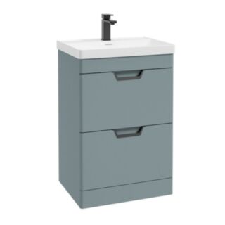 Freya 600mm 2 Drawer Floor Standing Unit Matt Coral Green Matt Black Handle