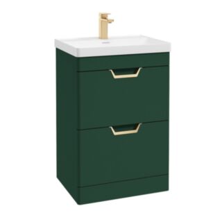 Freya 600mm 2 Drawer Floor Standing Unit Matt Wreath Green Brushed Gold Handle