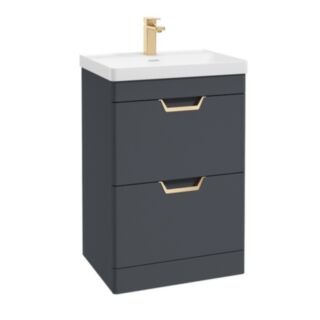Freya 600mm 2 Drawer Floor Standing Unit Matt Night Sky Blue Brushed Gold Handle