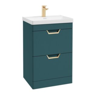 Freya 600mm 2 Drawer Floor Standing Unit Matt Ocean Blue Brushed Gold Handle