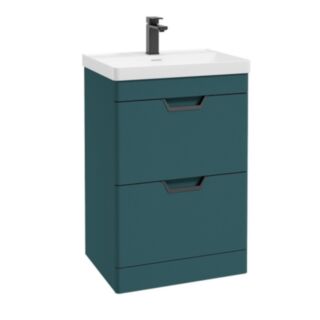 Freya 600mm 2 Drawer Floor Standing Unit Matt Ocean Blue Matt Black Handle