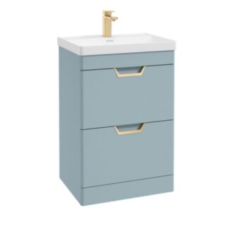 Freya 600mm 2 Drawer Floor Standing Unit Matt Morning Sky Blue Brushed Gold Handle