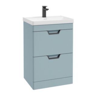 Freya 600mm 2 Drawer Floor Standing Unit Matt Morning Sky Blue Matt Black Handle