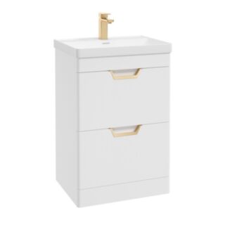 Freya 600mm 2 Drawer Floor Standing Unit Matt White Brushed Gold Handle